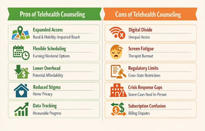 telehealth counseling_ pros and cons